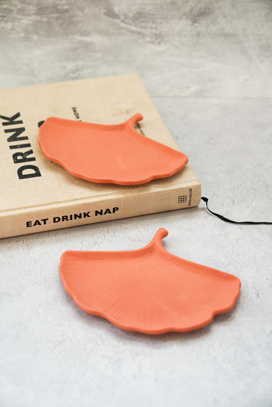 Terracotta Gingko leaf trinket tray on a magazine