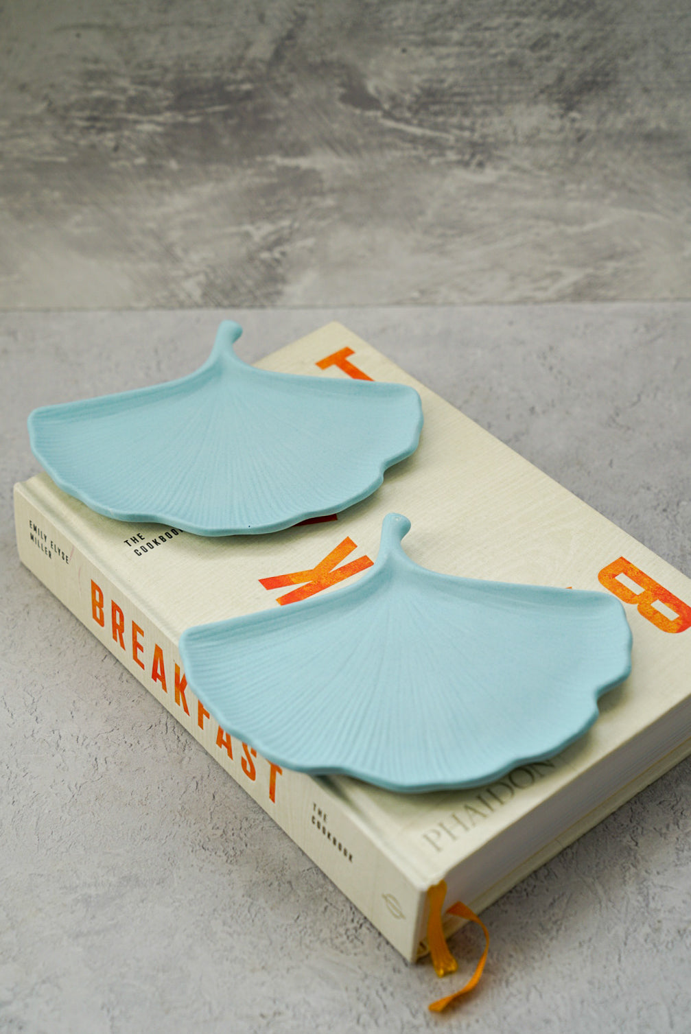 Baby Blue Gingko leaf trinket tray on magazine.