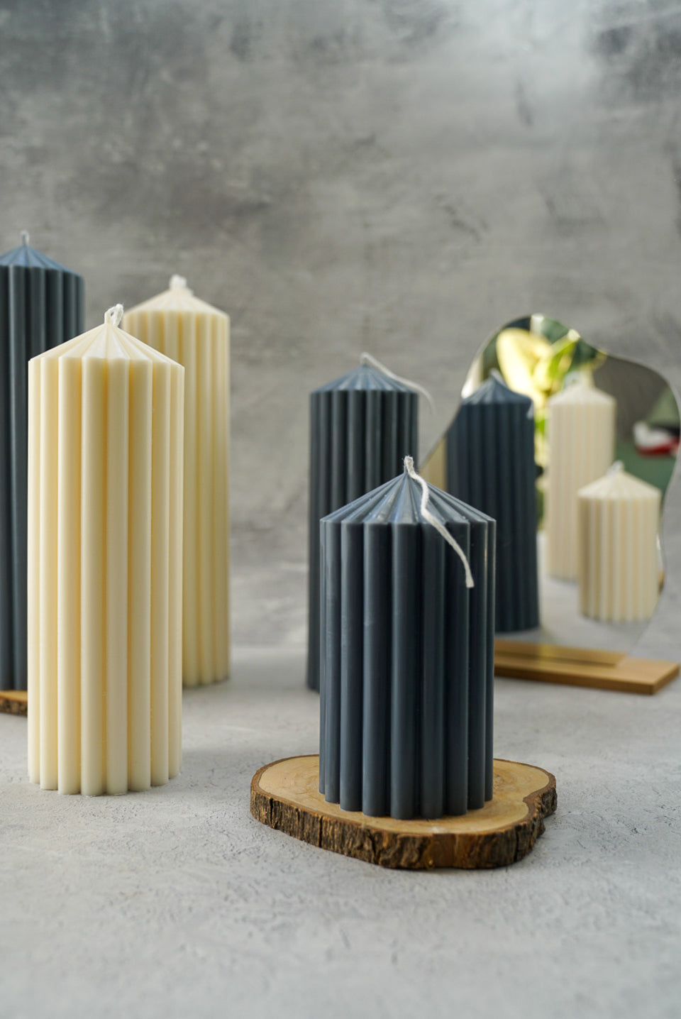 Ivory and Grey Pillar Candles Mirror on the back