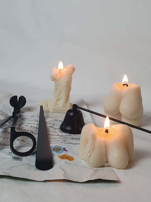Lighted Ivory Boobs & Bum Soy Candle Set with Trim set next to it