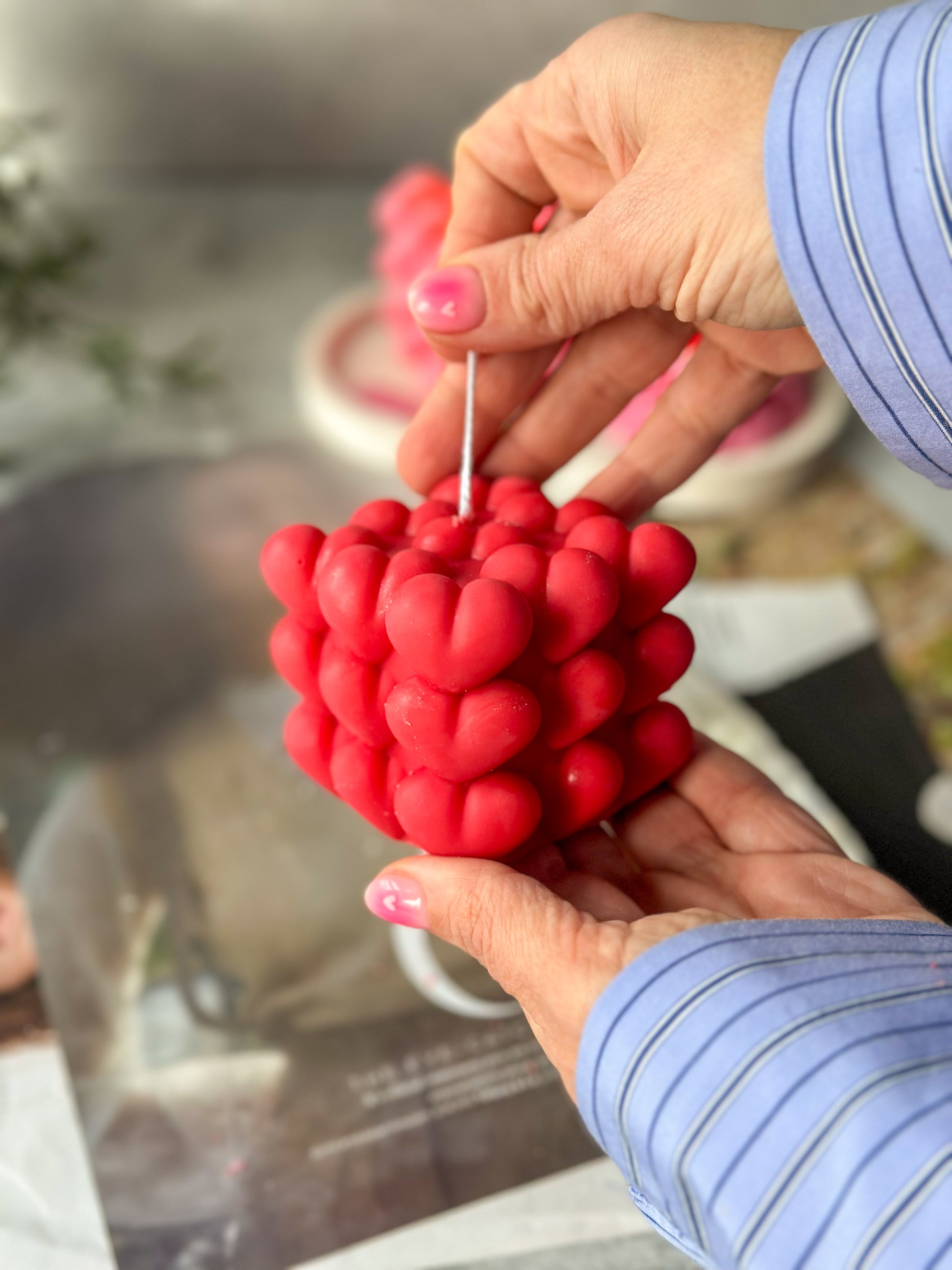 Holding Red Heart Cube Candle