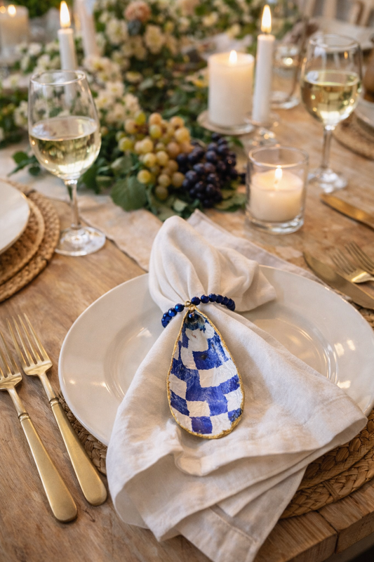 Handmade Oyster Shell Napkin Rings, Blue White Check Coastal Table Decor (Set of 2)