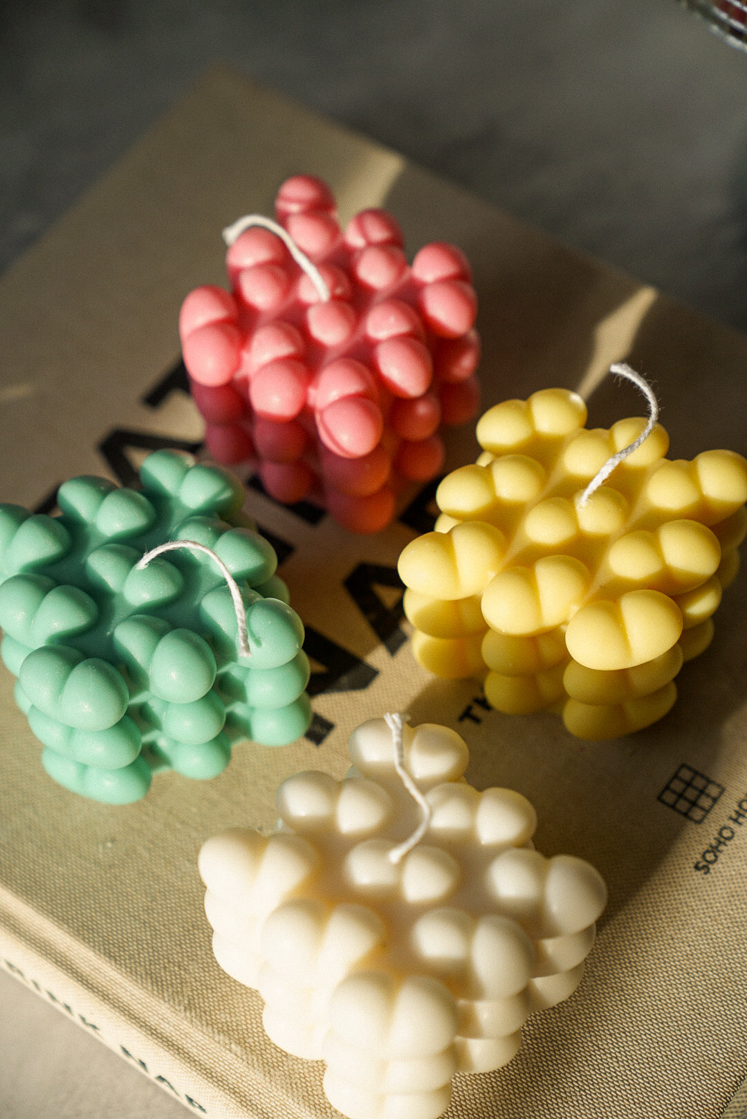 Heart Cube Candles, Ivory, Pink, Green an Yellow.