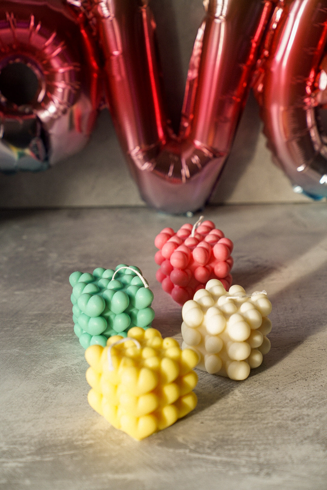 Heart Cube Candles, Ivory, Pink, Green an Yellow.