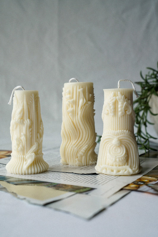 Set of three Carved Cylindrical Pillar Candles