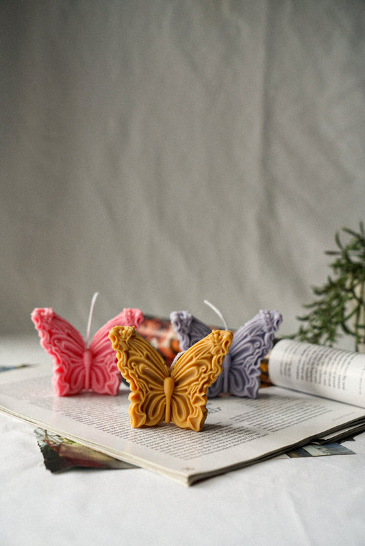 Butterfly SoyPink Brown and Lavender Wax Candle sitting on the magazine. 