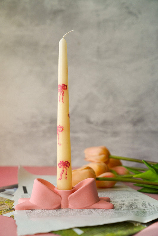 Hand Painted Bow Pillar Candle and Candle Holder Gift Set