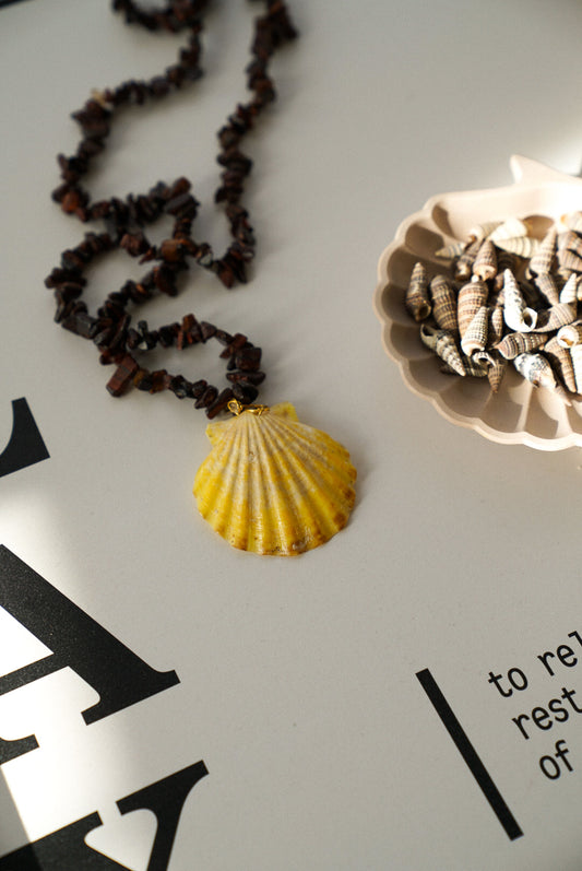 Brown Stone Chip Necklace With Natural Scallop Shell Pendant