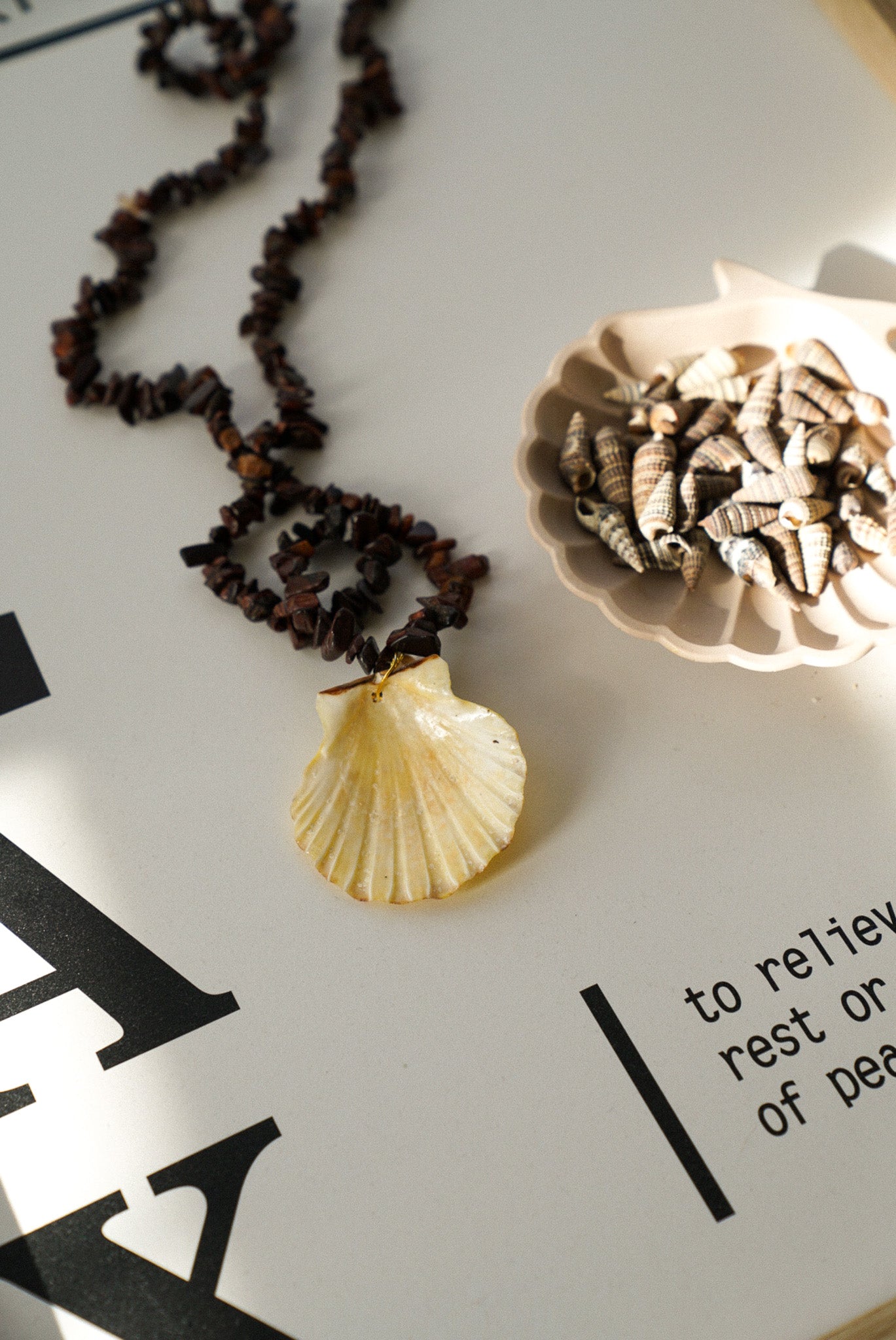 Brown Stone Chip Necklace With Natural Scallop Shell Pendant