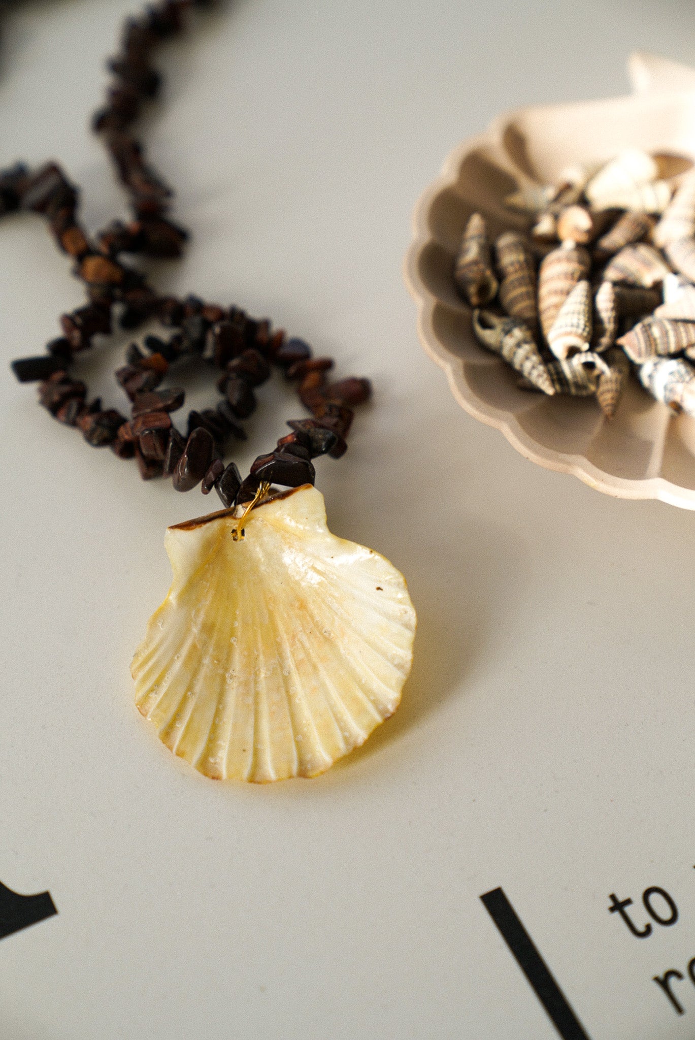 Brown Stone Chip Necklace With Natural Scallop Shell Pendant