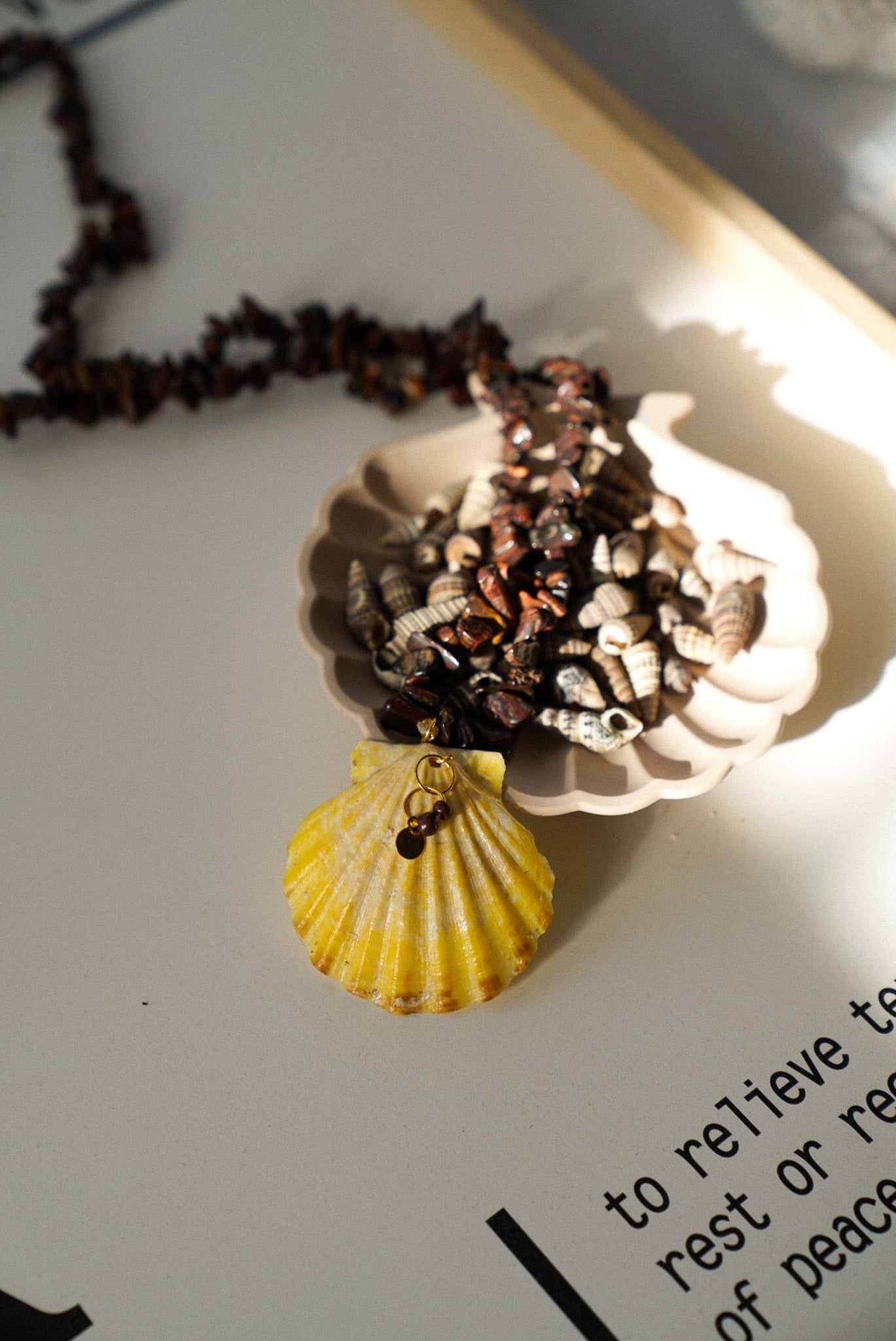 Brown Stone Chip Necklace With Natural Scallop Shell Pendant