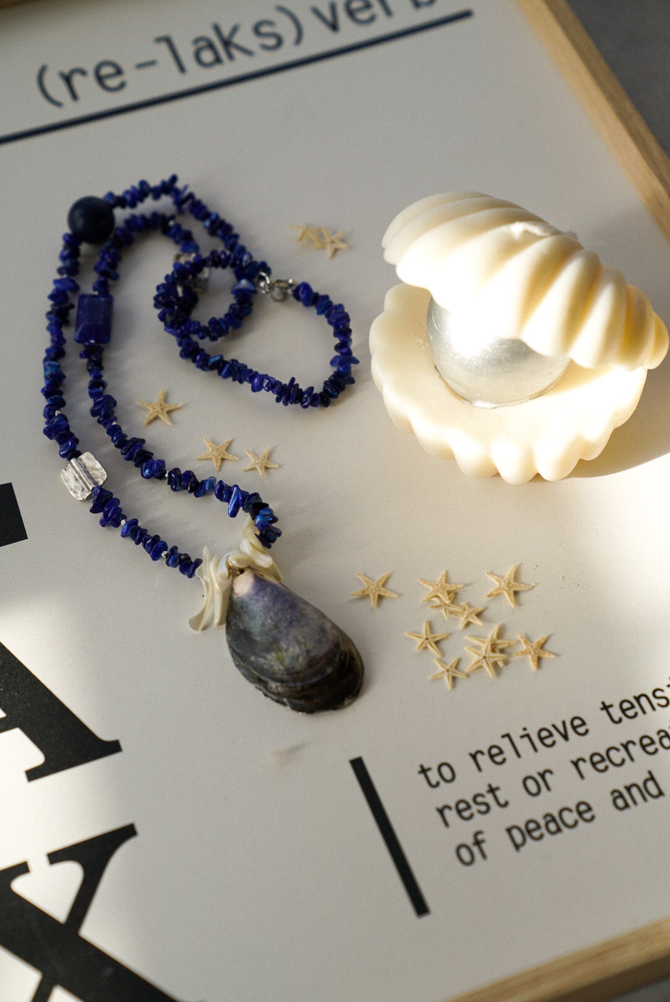 Blue Stone Chip Necklace With Decoupage Shell Charm