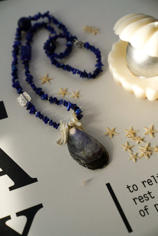 Blue Stone Chip Necklace With Decoupage Shell Charm