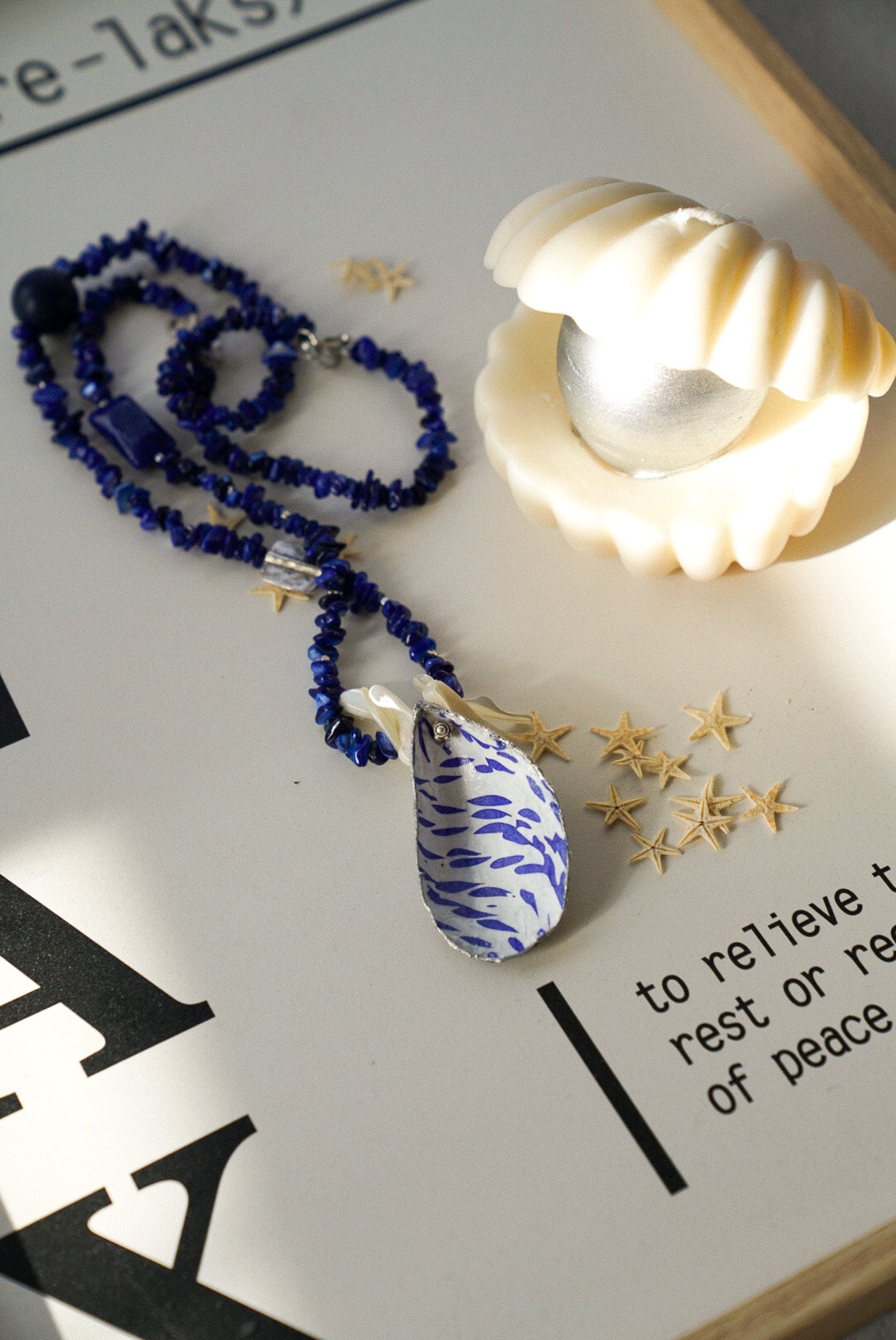 Blue Stone Chip Necklace With Decoupage Shell Charm