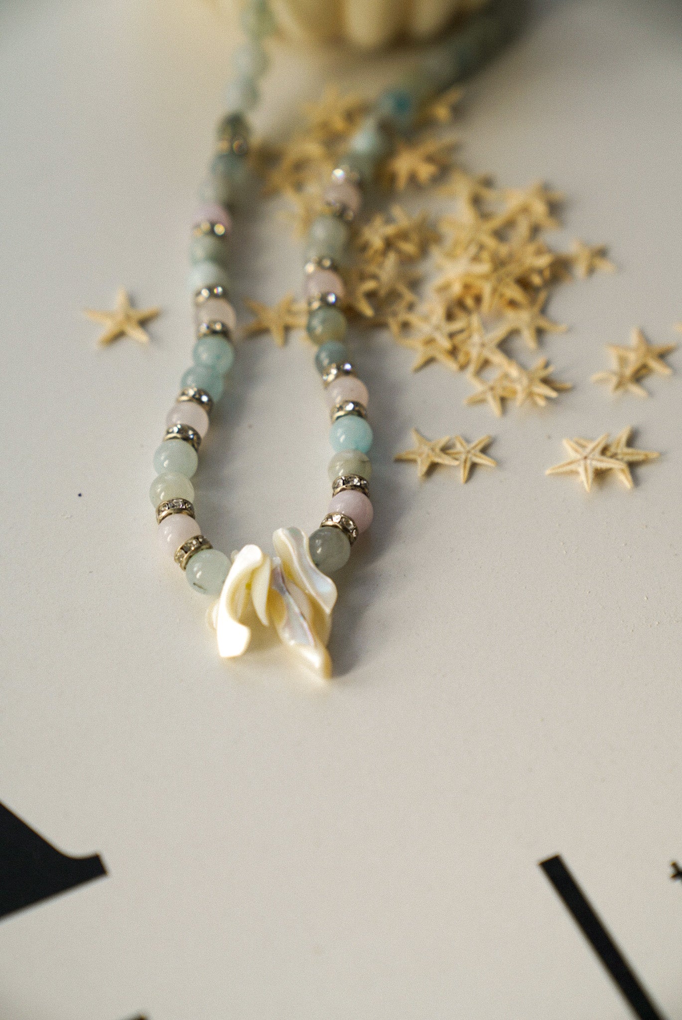 Pastel Aqua Beaded Necklace with Natural Shell Pendant (One of a Kind)