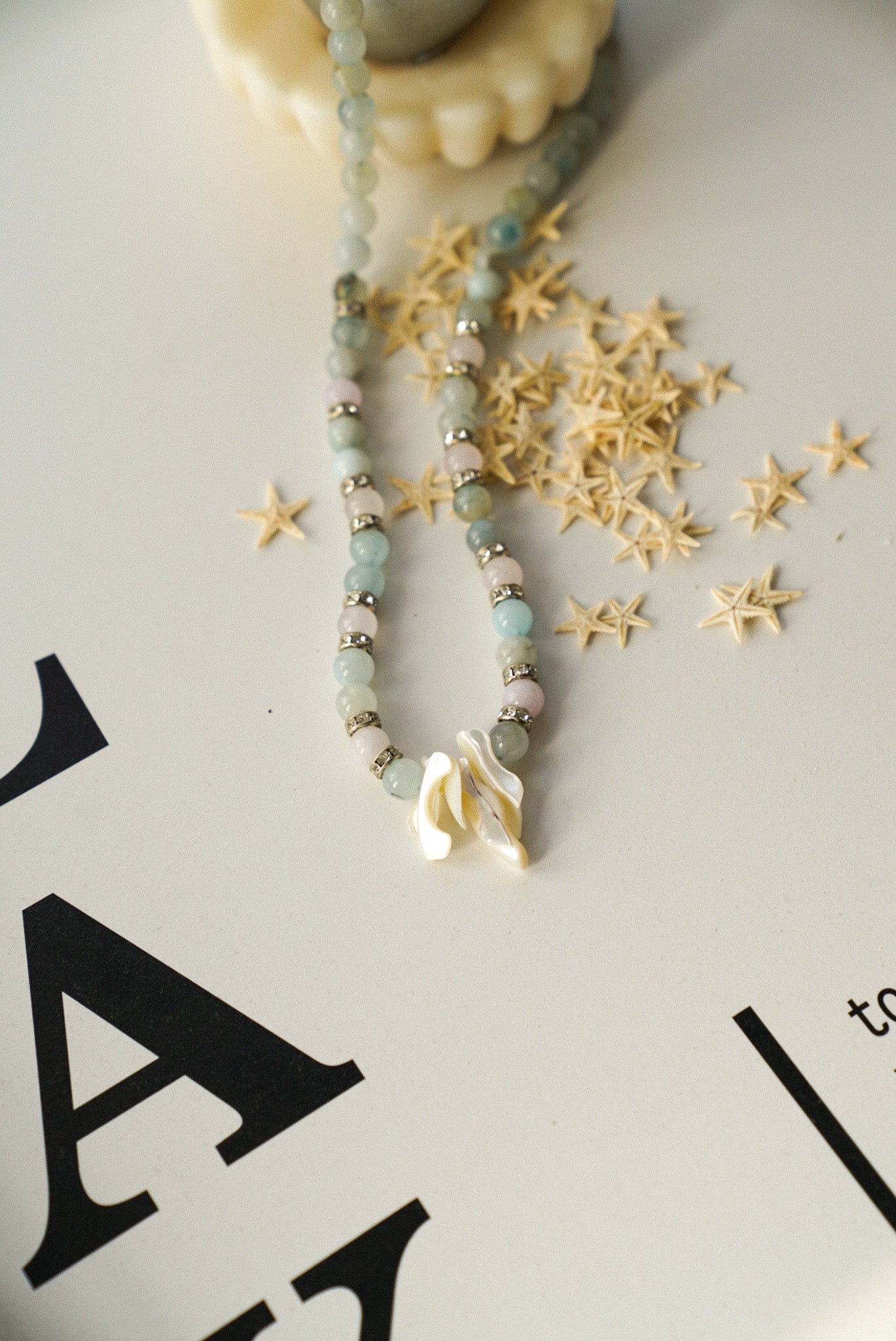 Pastel Aqua Beaded Necklace with Natural Shell Pendant (One of a Kind)