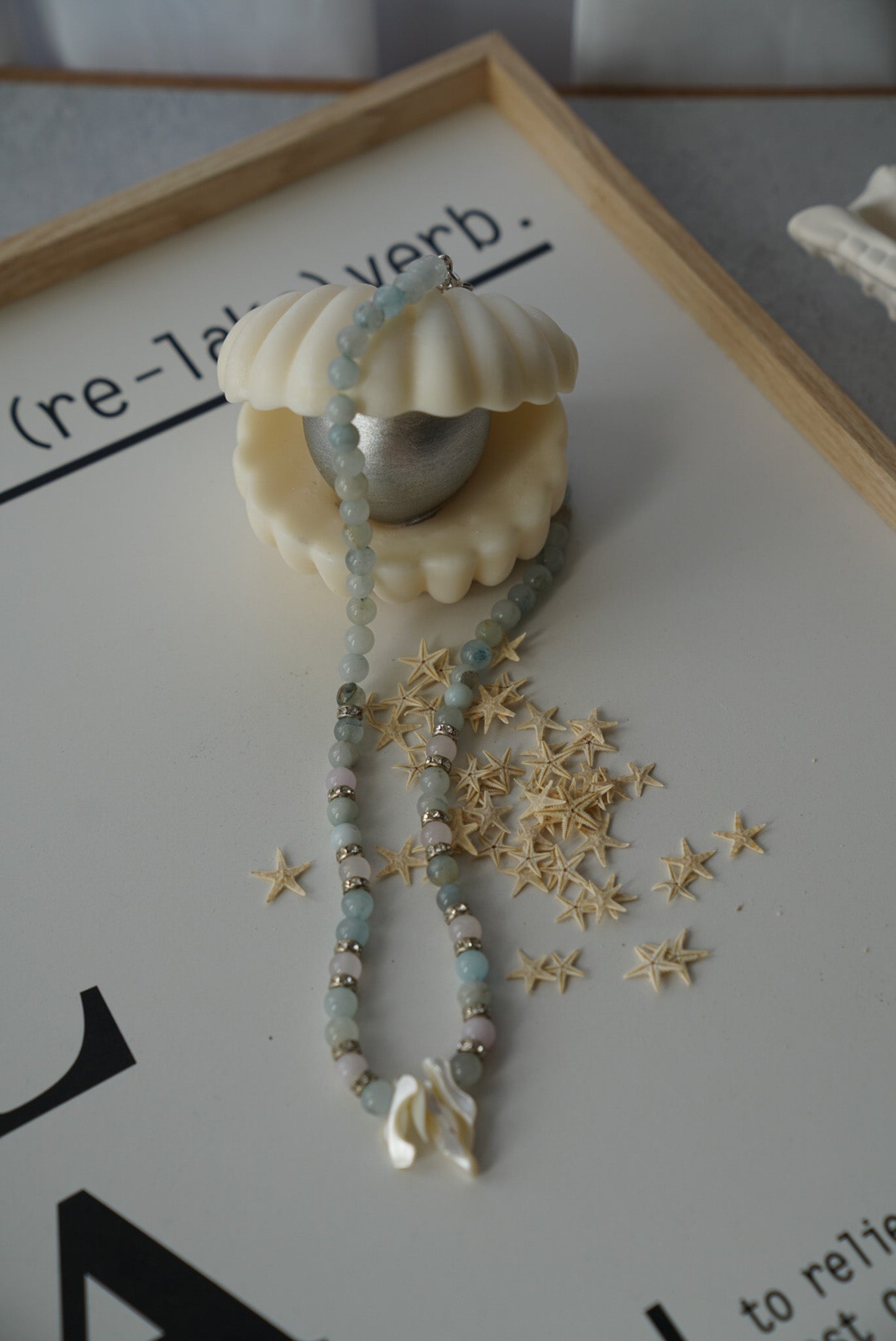 Pastel Aqua Beaded Necklace with Natural Shell Pendant (One of a Kind)