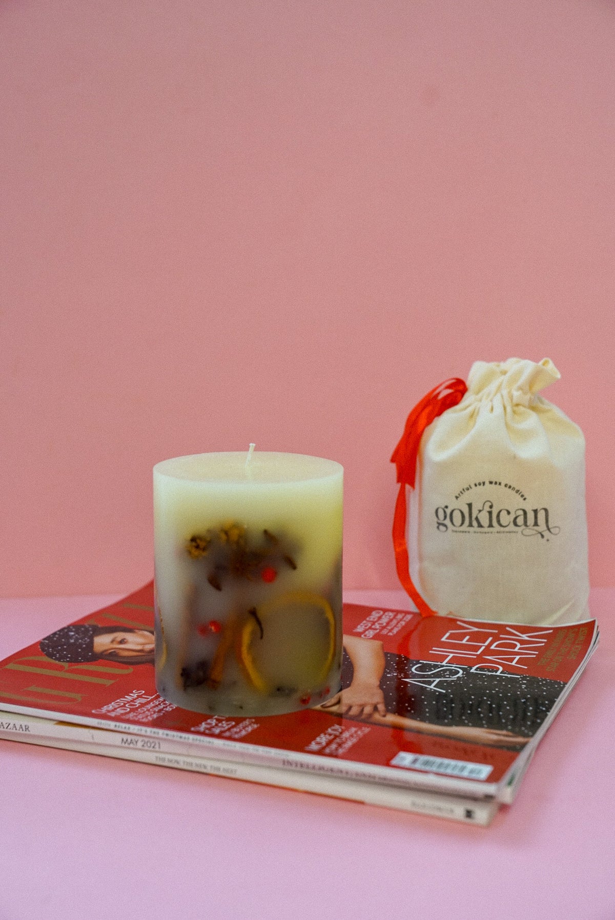 Handmade Winter Botanical Christmas Pillar Candle – Single Wick
