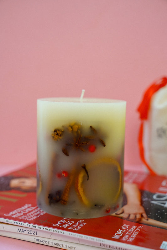 Handmade Winter Botanical Christmas Pillar Candle – Single Wick