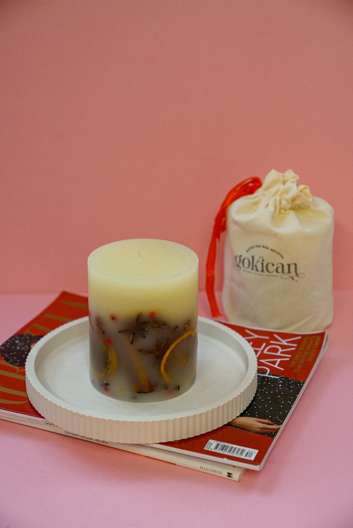Handmade Winter Botanical Christmas Pillar Candle – Single Wick