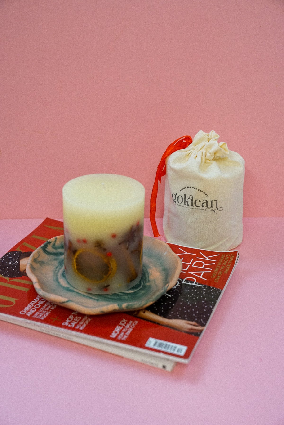 Handmade Winter Botanical Christmas Pillar Candle – Single Wick