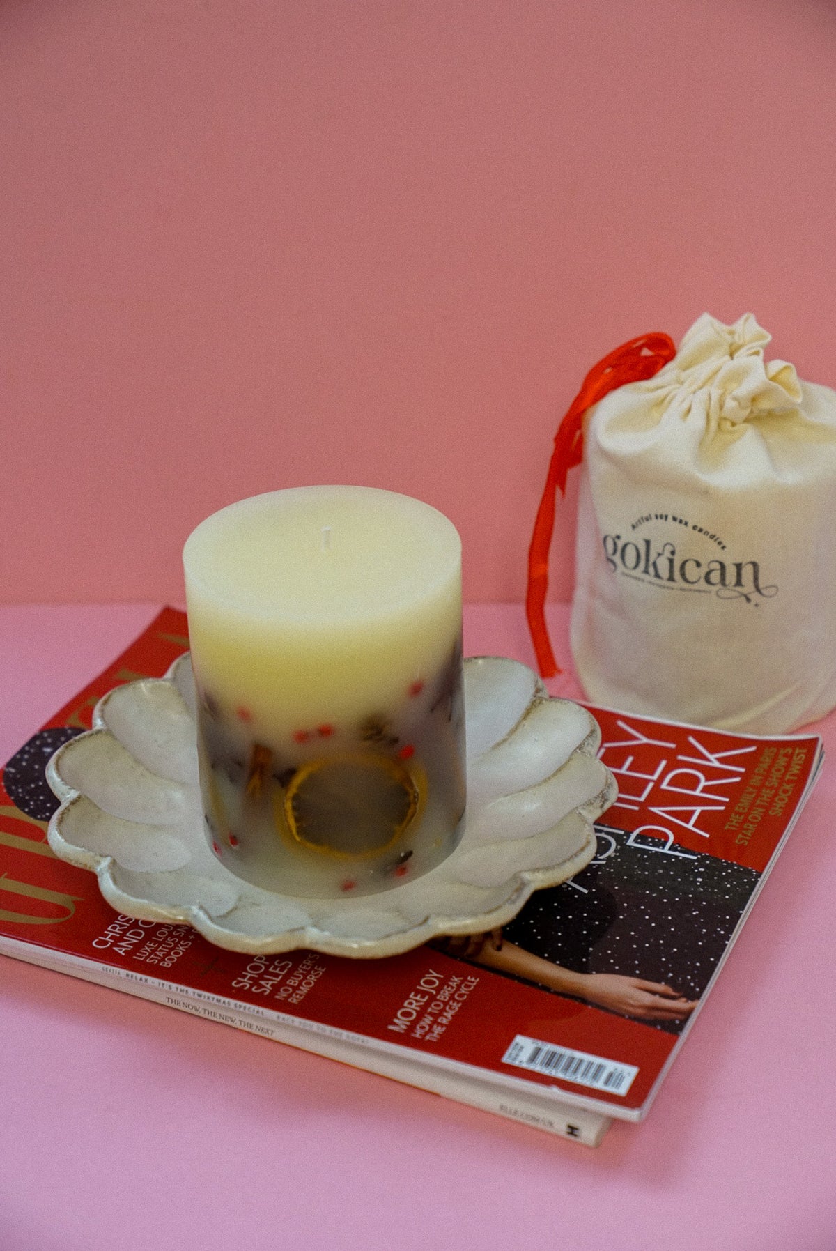 Handmade Winter Botanical Christmas Pillar Candle – Single Wick