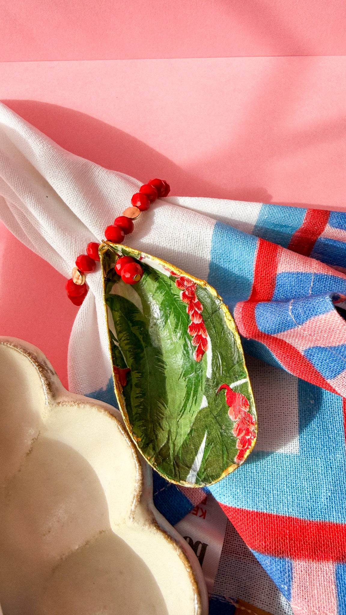 Handmade Shell Napkin Rings Set , Tropical Red Beaded Coastal Table Decor
