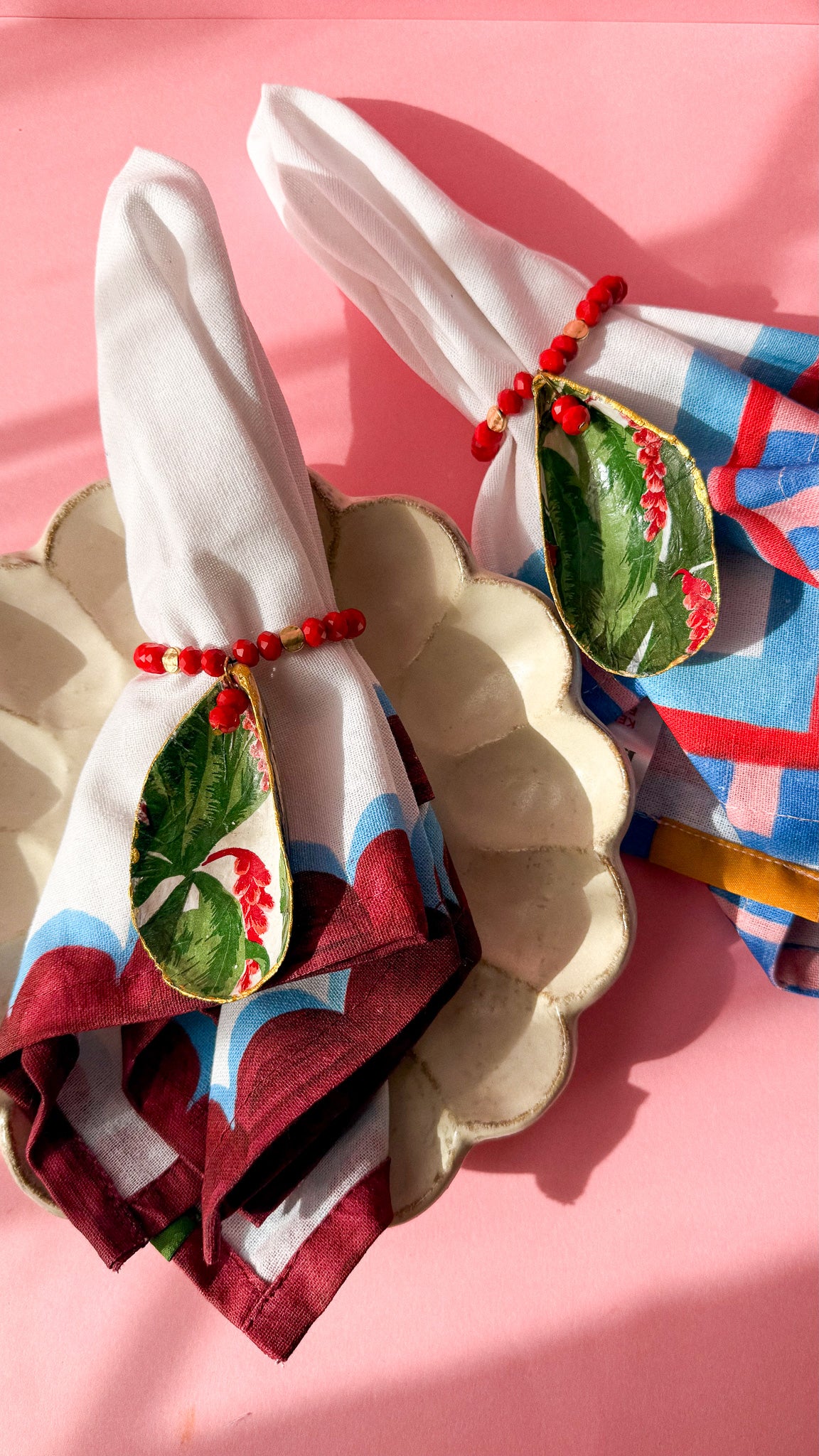 Handmade Shell Napkin Rings Set , Tropical Red Beaded Coastal Table Decor