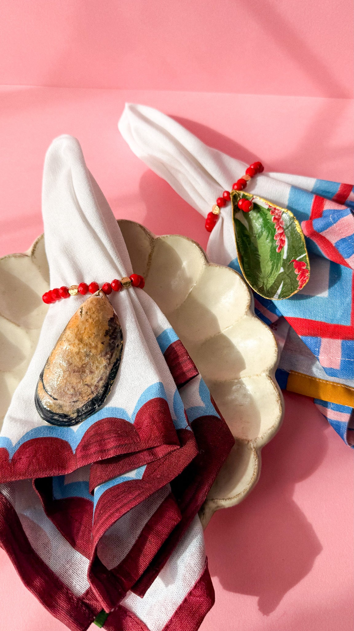 Handmade Shell Napkin Rings Set , Tropical Red Beaded Coastal Table Decor