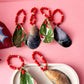Handmade Shell Napkin Rings Set , Tropical Red Beaded Coastal Table Decor