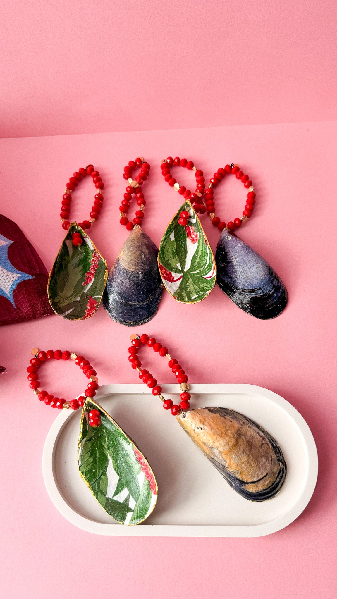 Handmade Shell Napkin Rings Set , Tropical Red Beaded Coastal Table Decor