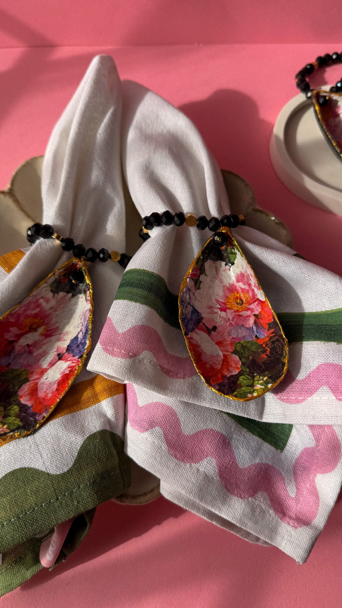 Set of 2 Handmade Floral Shell Napkin Rings with Black Beads