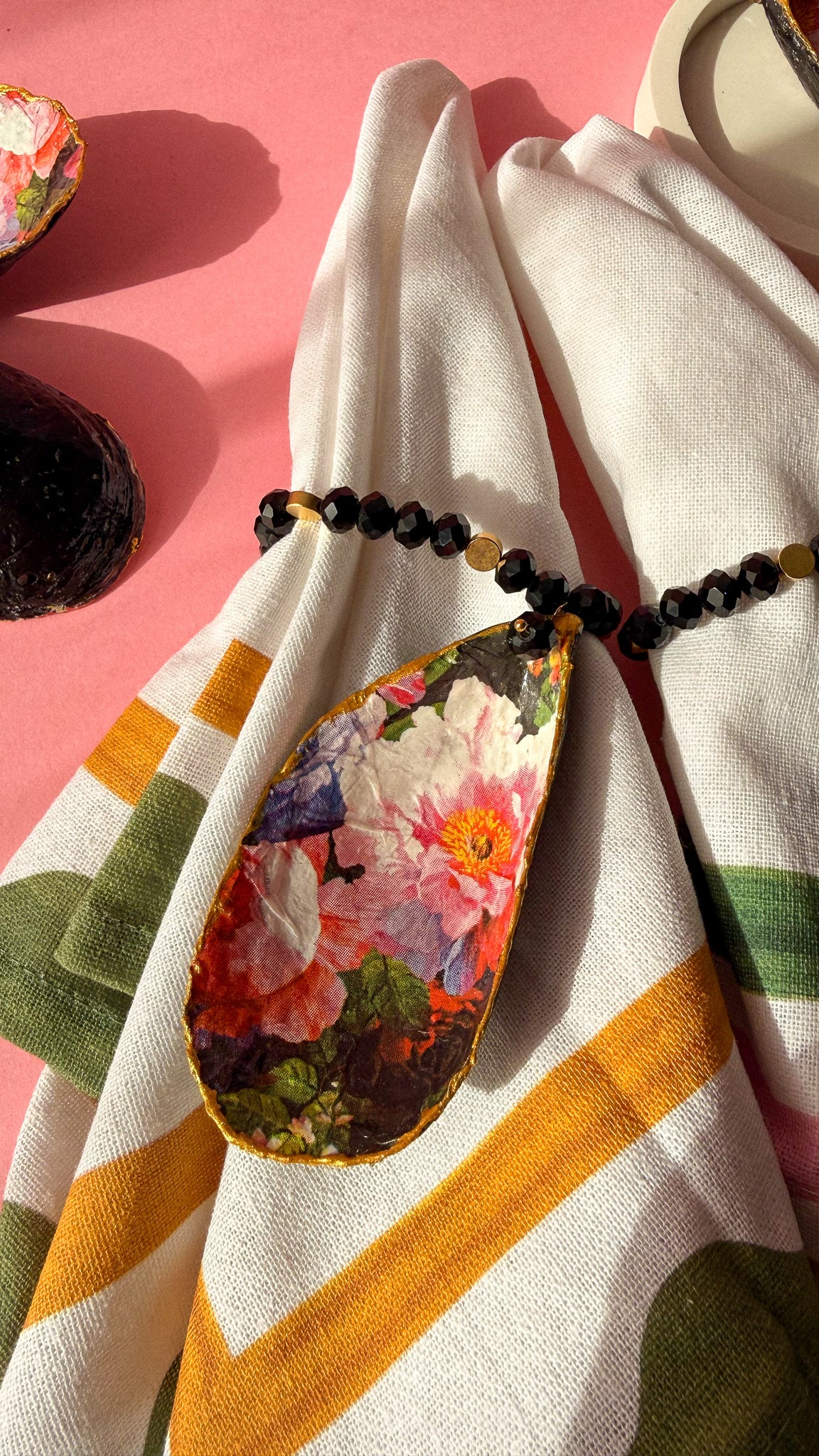 Set of 2 Handmade Floral Shell Napkin Rings with Black Beads