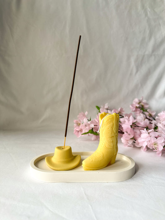 Yellow Cowboy Boot Candle and Cowboy Hat Incense Holder in a trinket tray