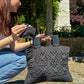 Black Handcrafted Tote Bag with Wooden Holder