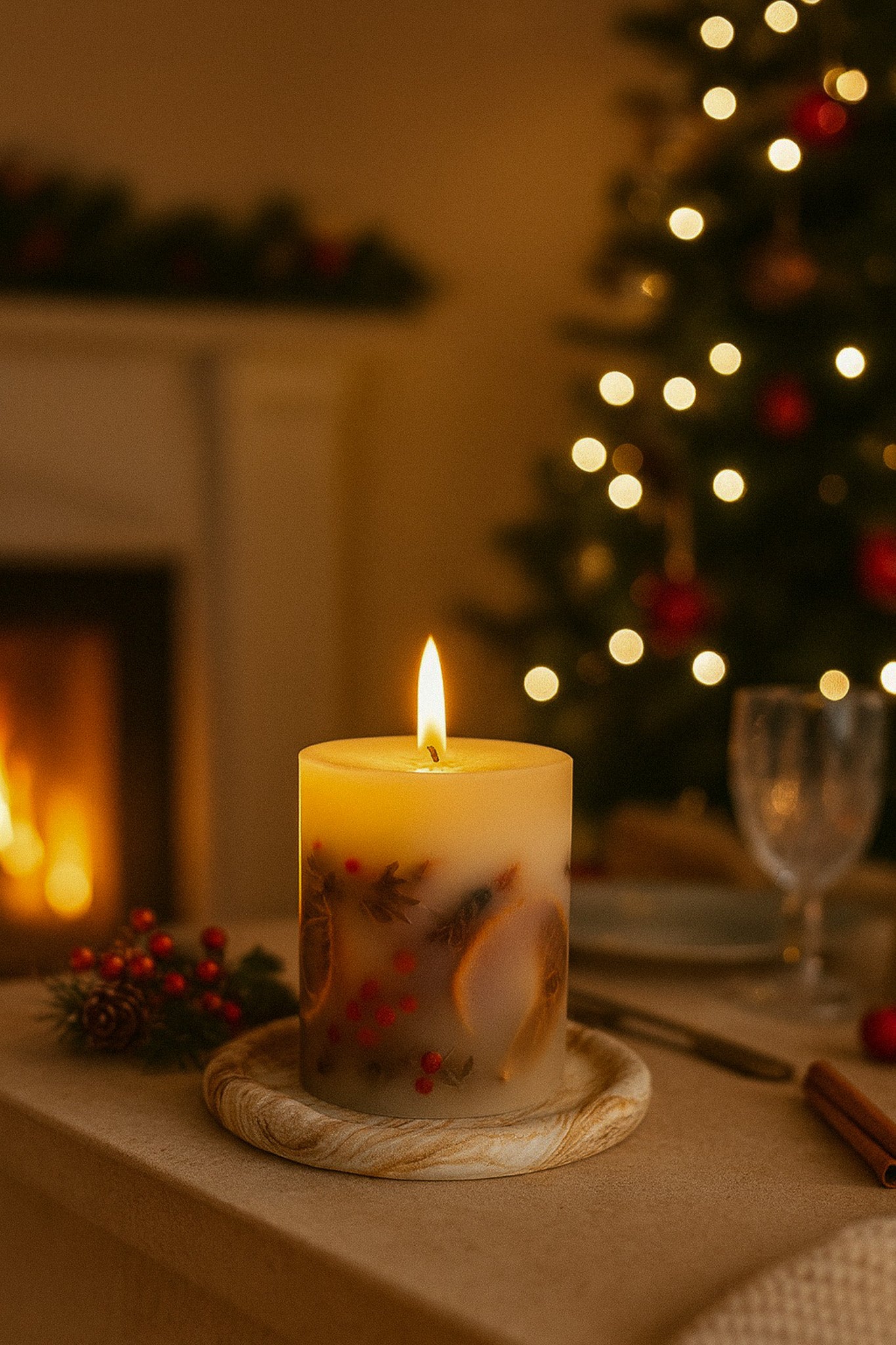 Handmade Winter Botanical Christmas Pillar Candle – Single Wick