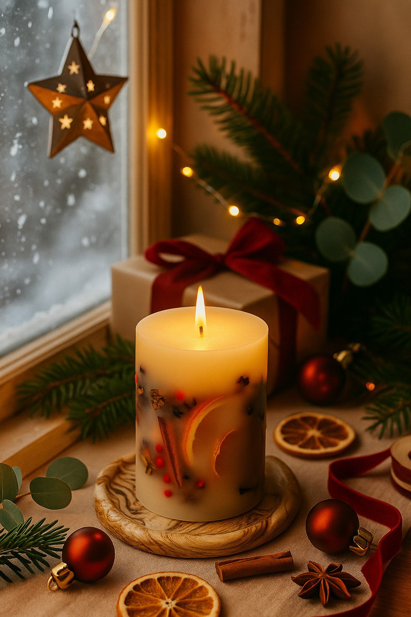 Handmade Winter Botanical Christmas Pillar Candle – Single Wick