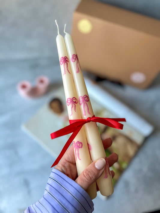 Pink Bow Hand-Painted Pillar Candles 