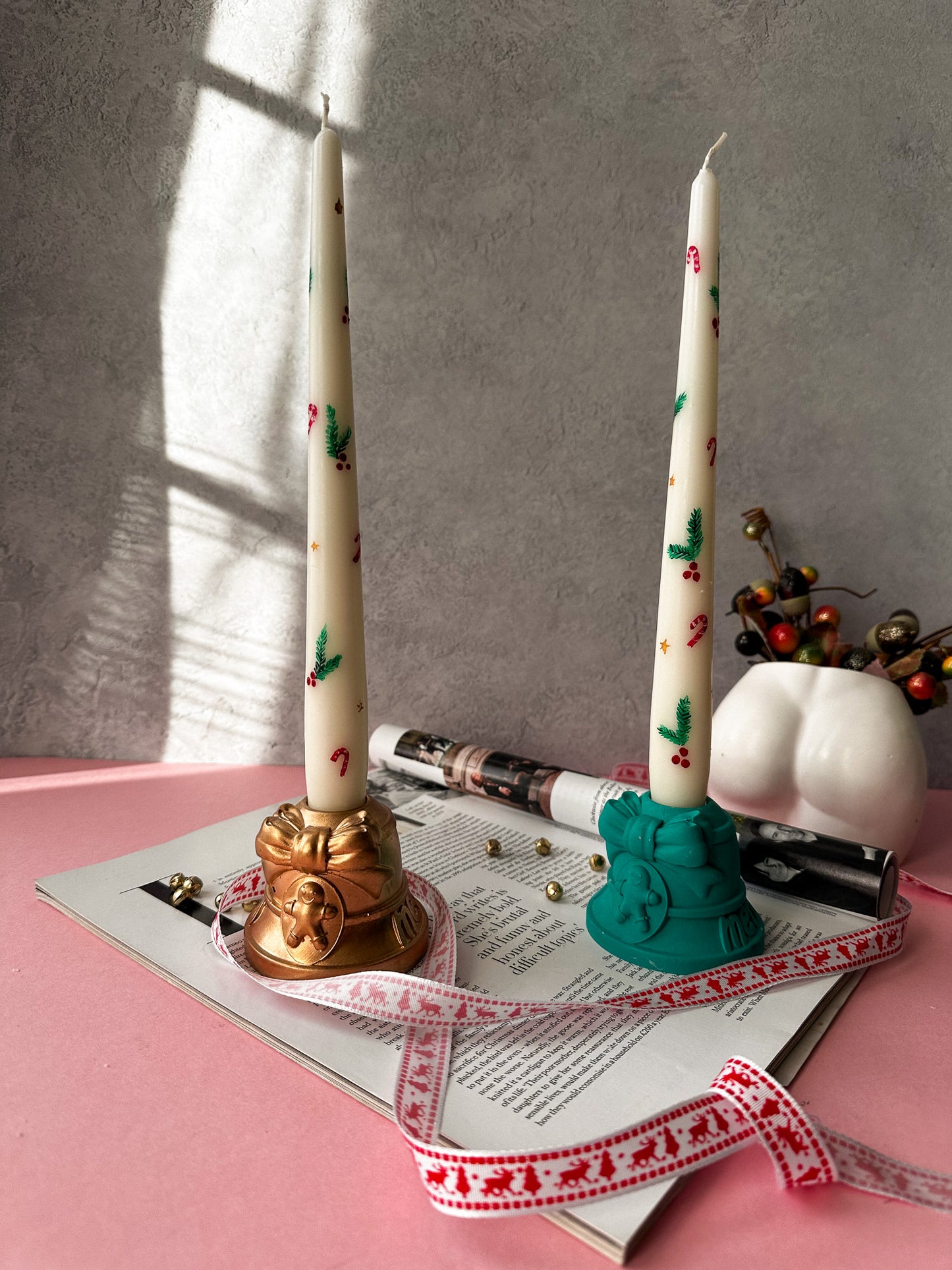 Candy Cane Festive Hand Painted Taper Candles