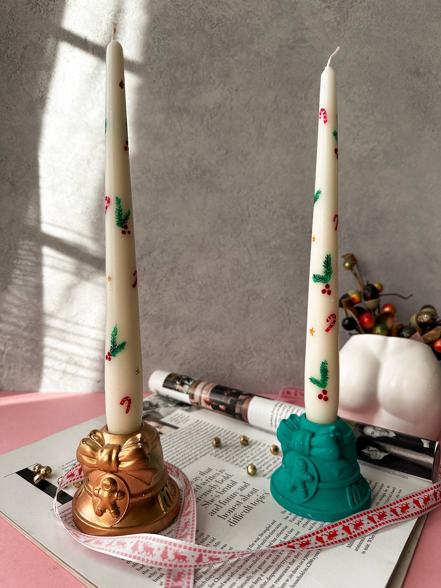 Candy Cane Festive Hand Painted Taper Candles