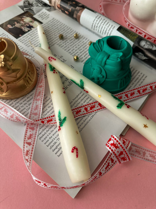 Candy Cane Festive Hand Painted Taper Candles