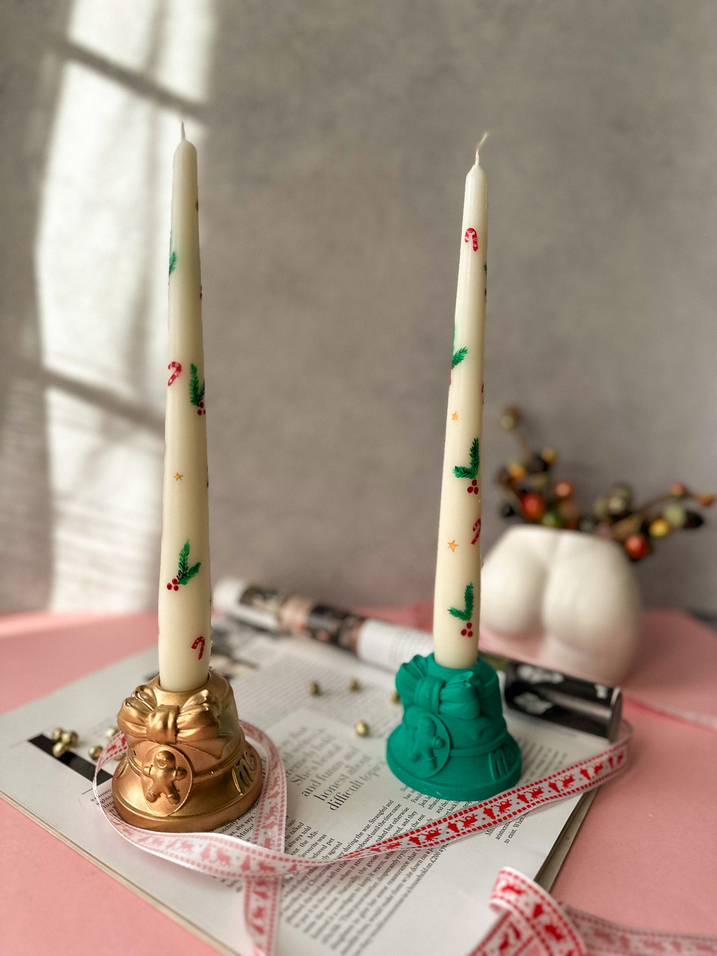 Candy Cane Festive Hand Painted Taper Candles