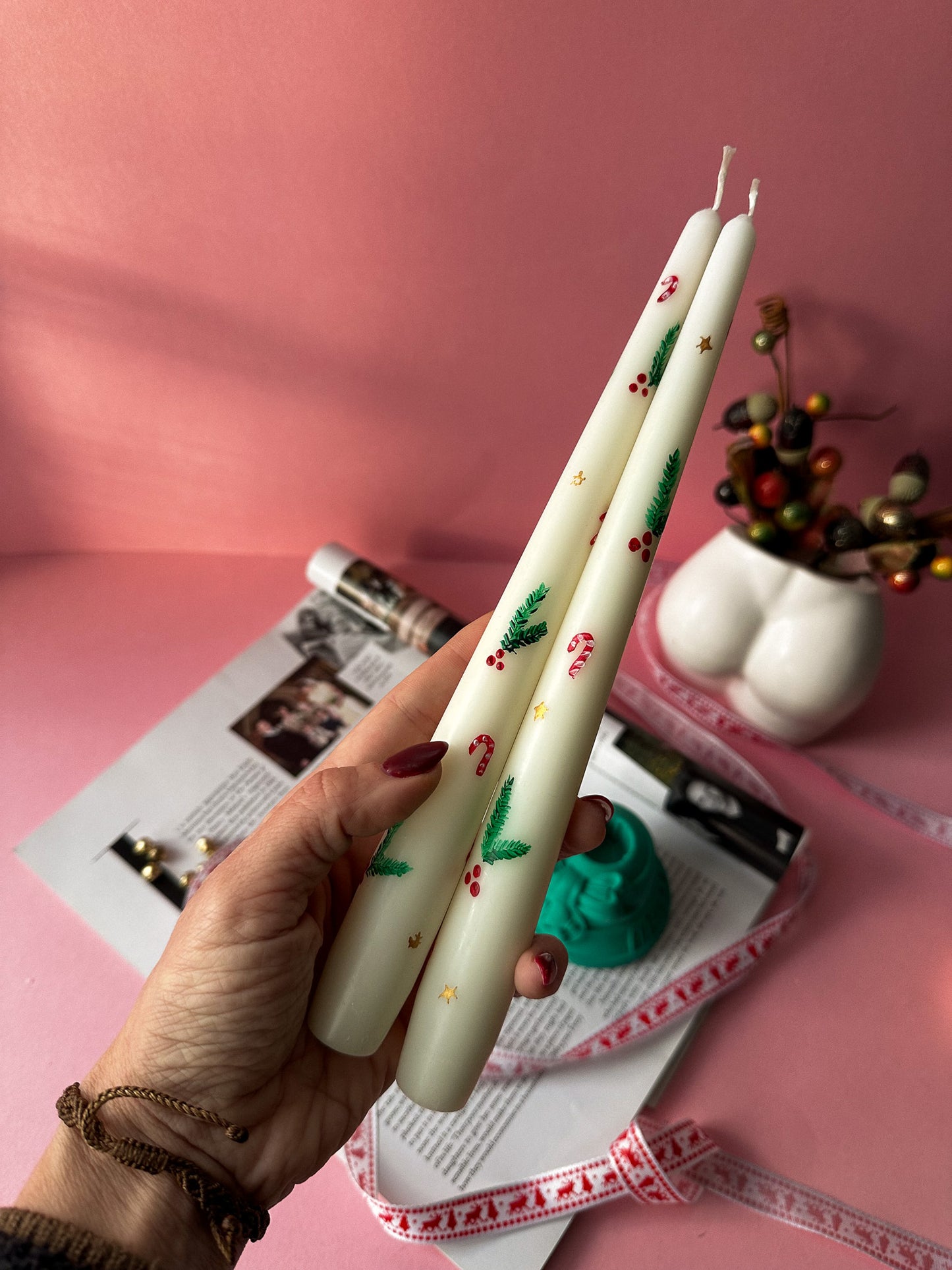 Hand-Painted Christmas Candles With U shape candle holder gift set