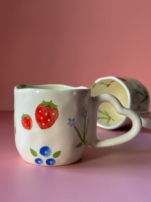 Hand Painted Fruity Ceramic Coffee Cup With Heart Handle / Tea  Mug