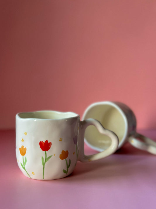 Hand Painted Tulip Ceramic With Heart Handle Coffee / Tea  Mug