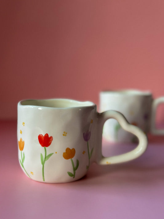 Hand Painted Tulip Ceramic With Heart Handle Coffee / Tea  Mug