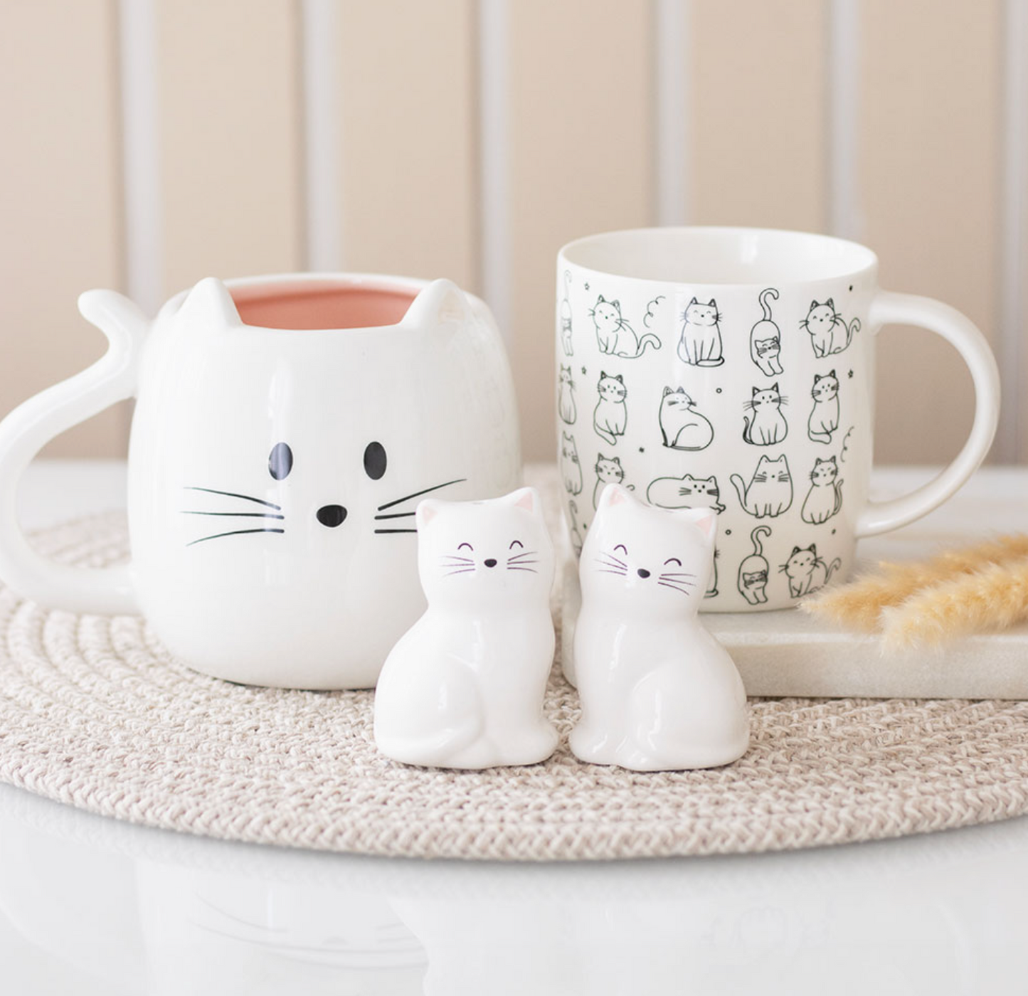 White Cat Shaped Salt and Pepper Shakers