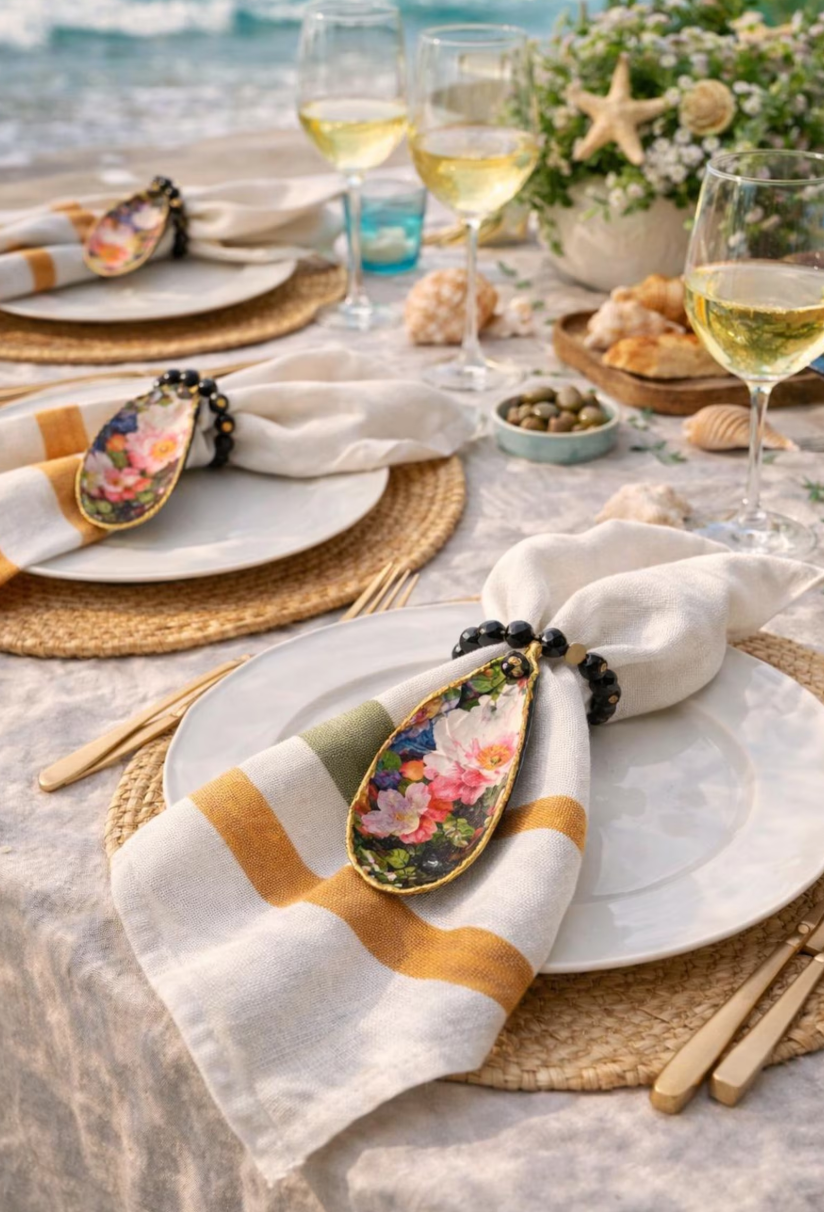 Set of 2 Handmade Floral Shell Napkin Rings with Black Beads