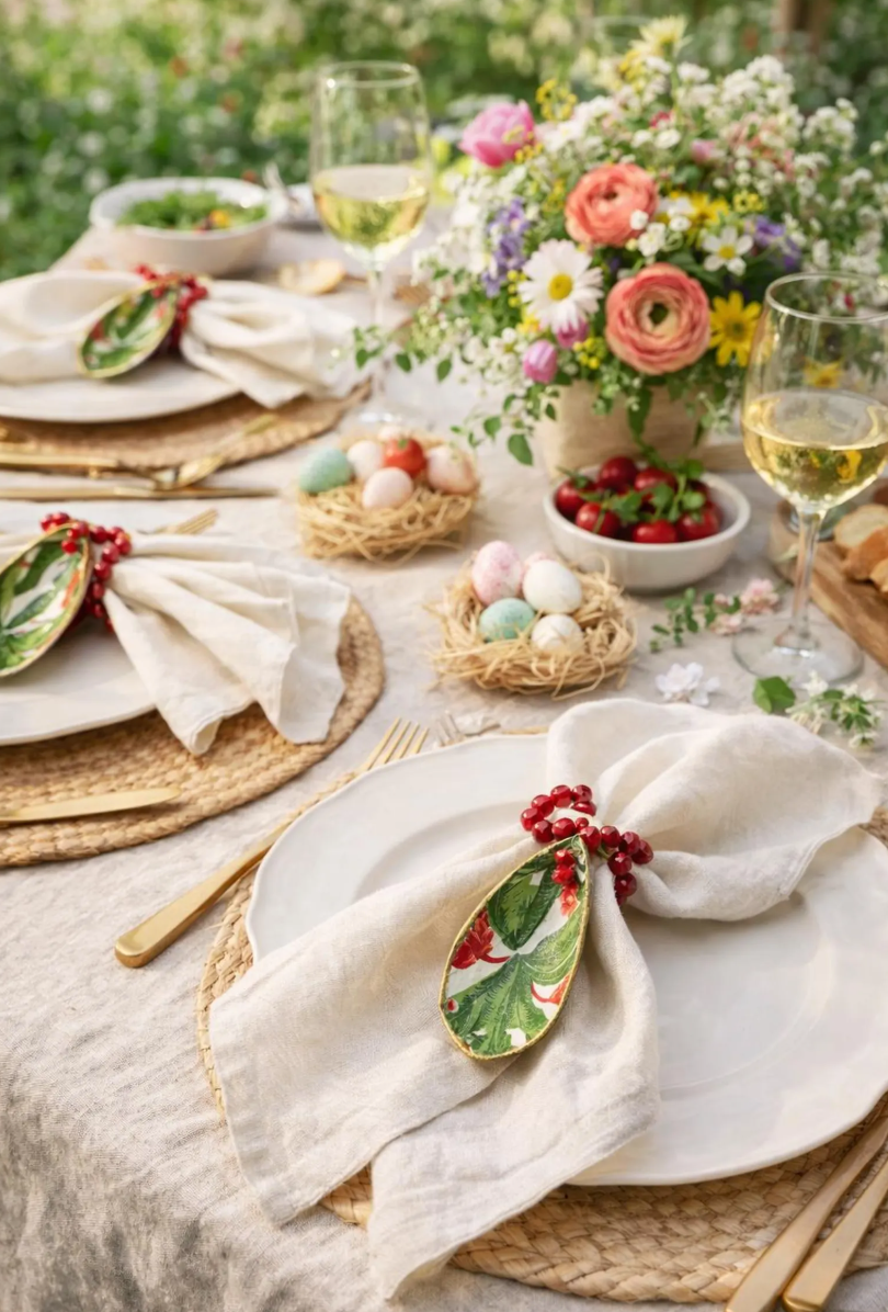 Handmade Shell Napkin Rings Set , Tropical Red Beaded Coastal Table Decor
