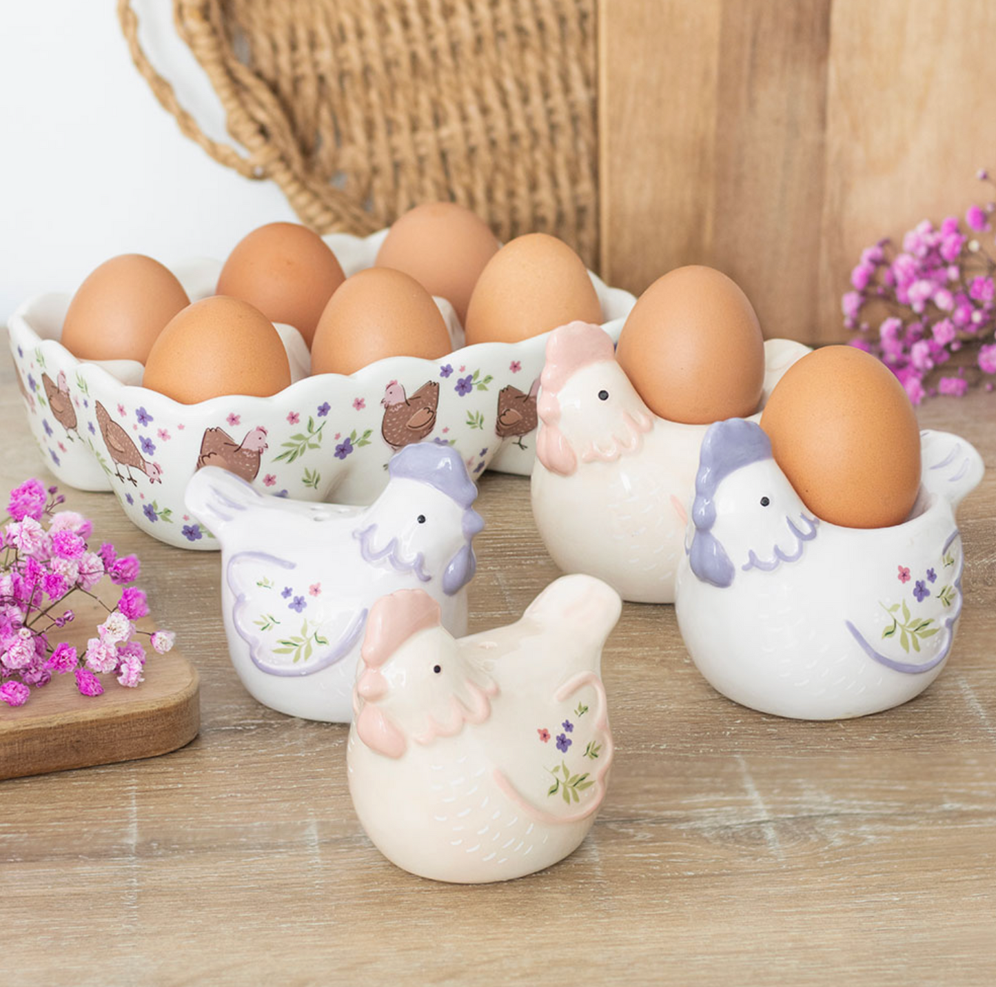 Set of 2 Floral Hen Chicken Shaped Egg Cups